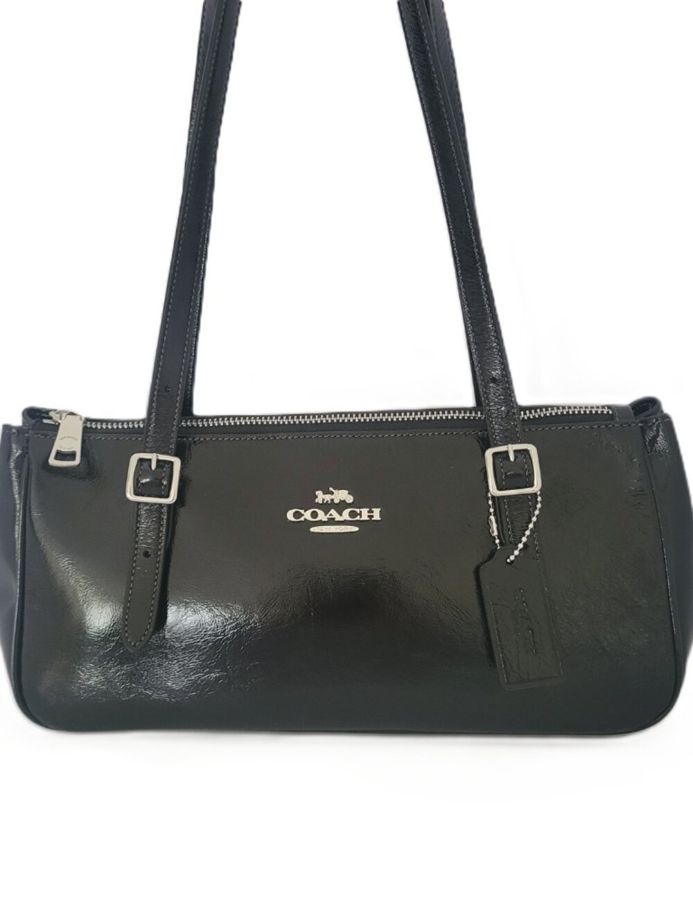 Coach CBJ05 Glazed Leather Asher Shoulder Bag Handbag Black Silver